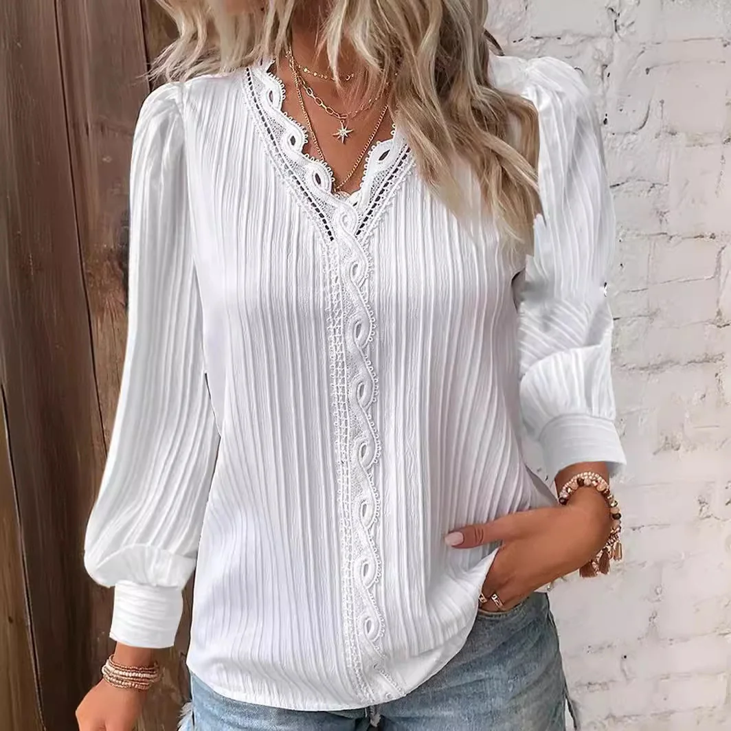 Uveng Uveng Explosion Autumn Long Sleeve V-Neck Lace Spliced Shirt Women's Shirt Women's Clothing