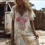 Women's Vintage Pink Floral Short-sleeved V-neck Long Dress - Image 2