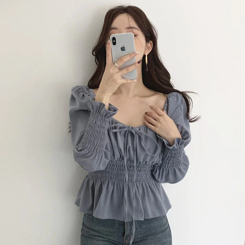 Jangj Spring Summer French Vintage Square Neck Puff-sleeved Shirt Women's Waist-slender Long-sleeved Elegant Gentle Blue Shirt