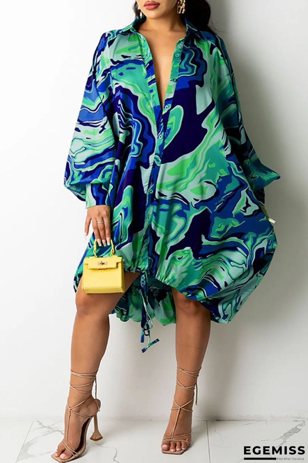 Blue Sexy Print Draw String Asymmetrical Turndown Collar A Line Dresses | EGEMISS