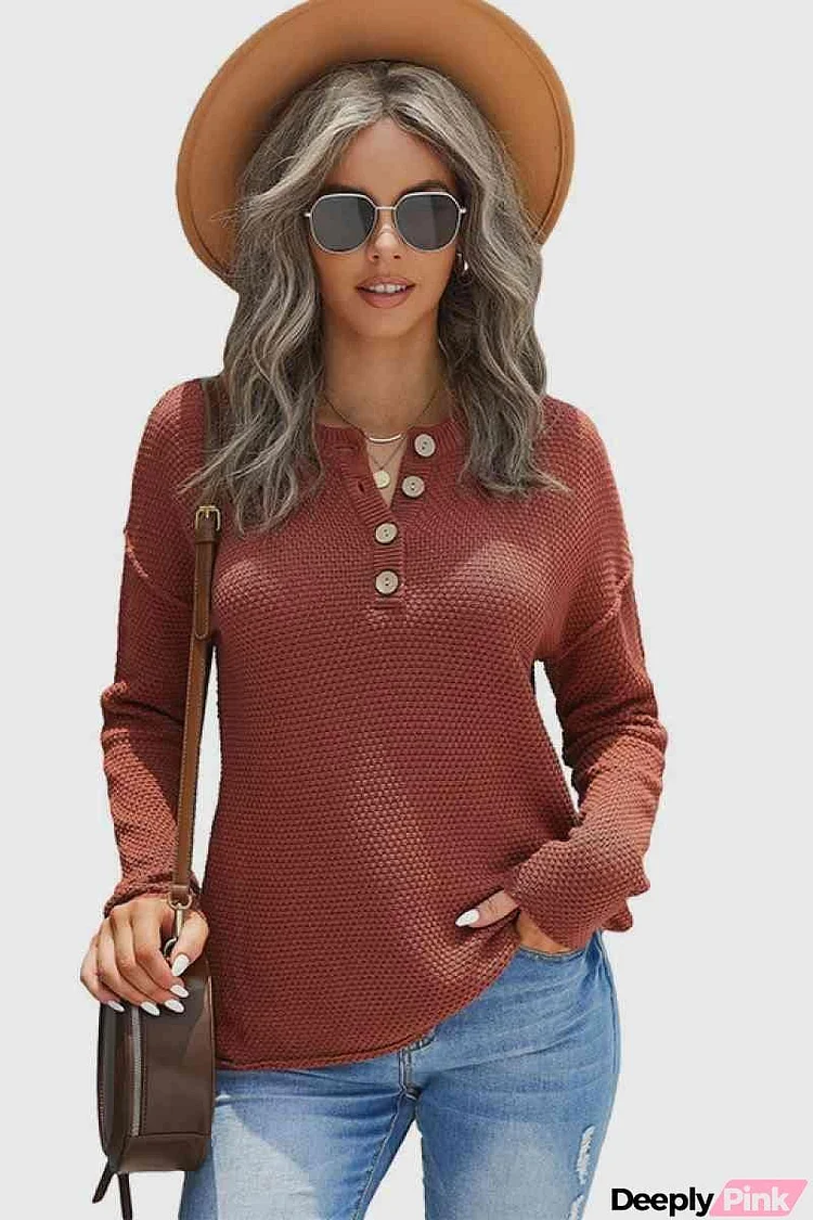 Quarter Button Dropped Shoulder Knit Pullover