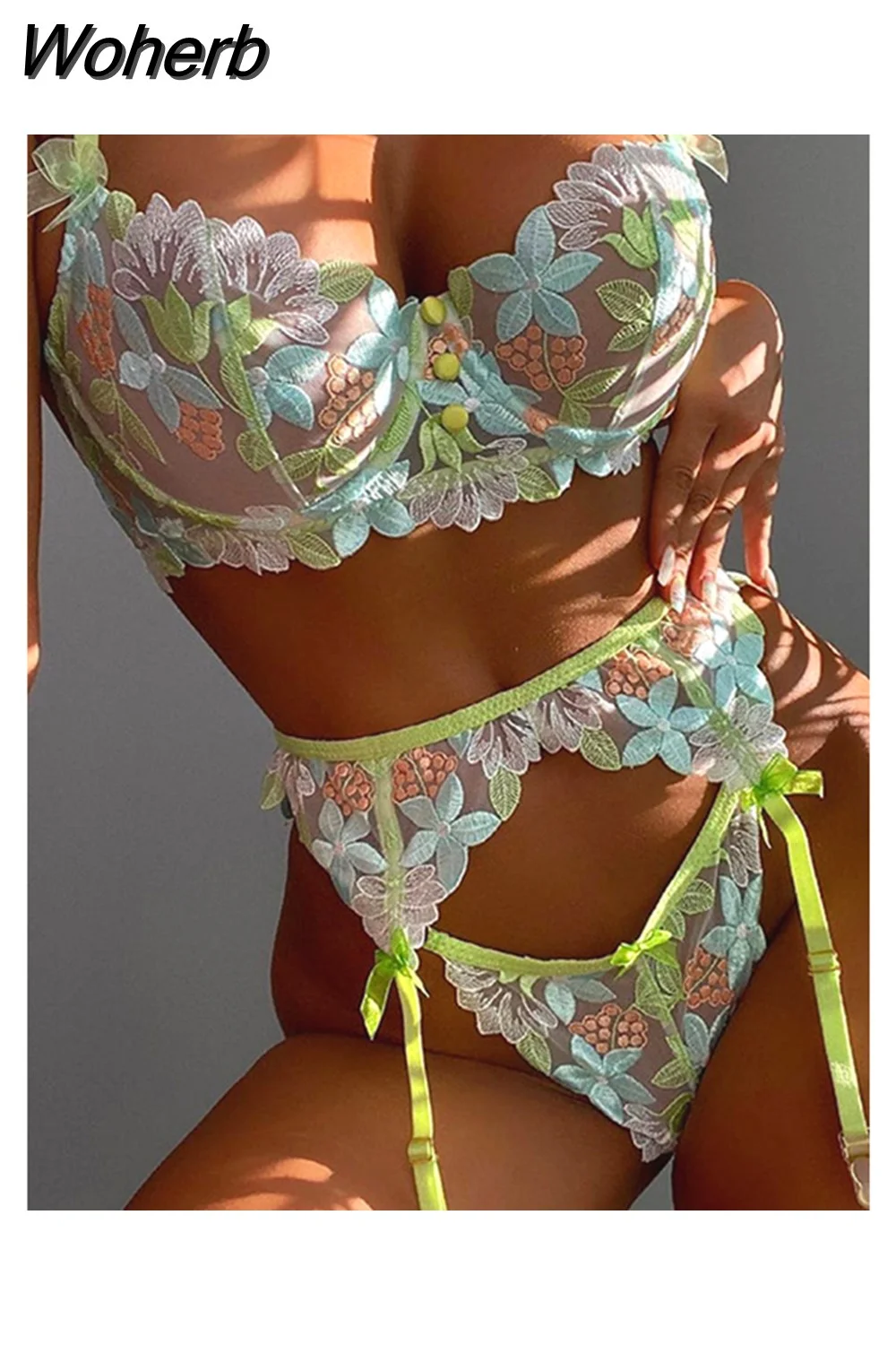 Woherb Green Romantic Lace Bra And Panty Galter Lingerie Set 715-1