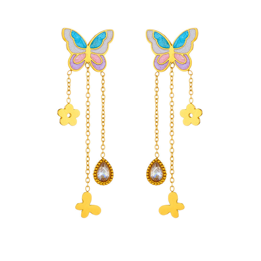 Korean Fashion Cartoon Cute Multi-Color Gradient Oil Drop Butterfly Tassel Chain Flower Diamond Water Drop Earrings
