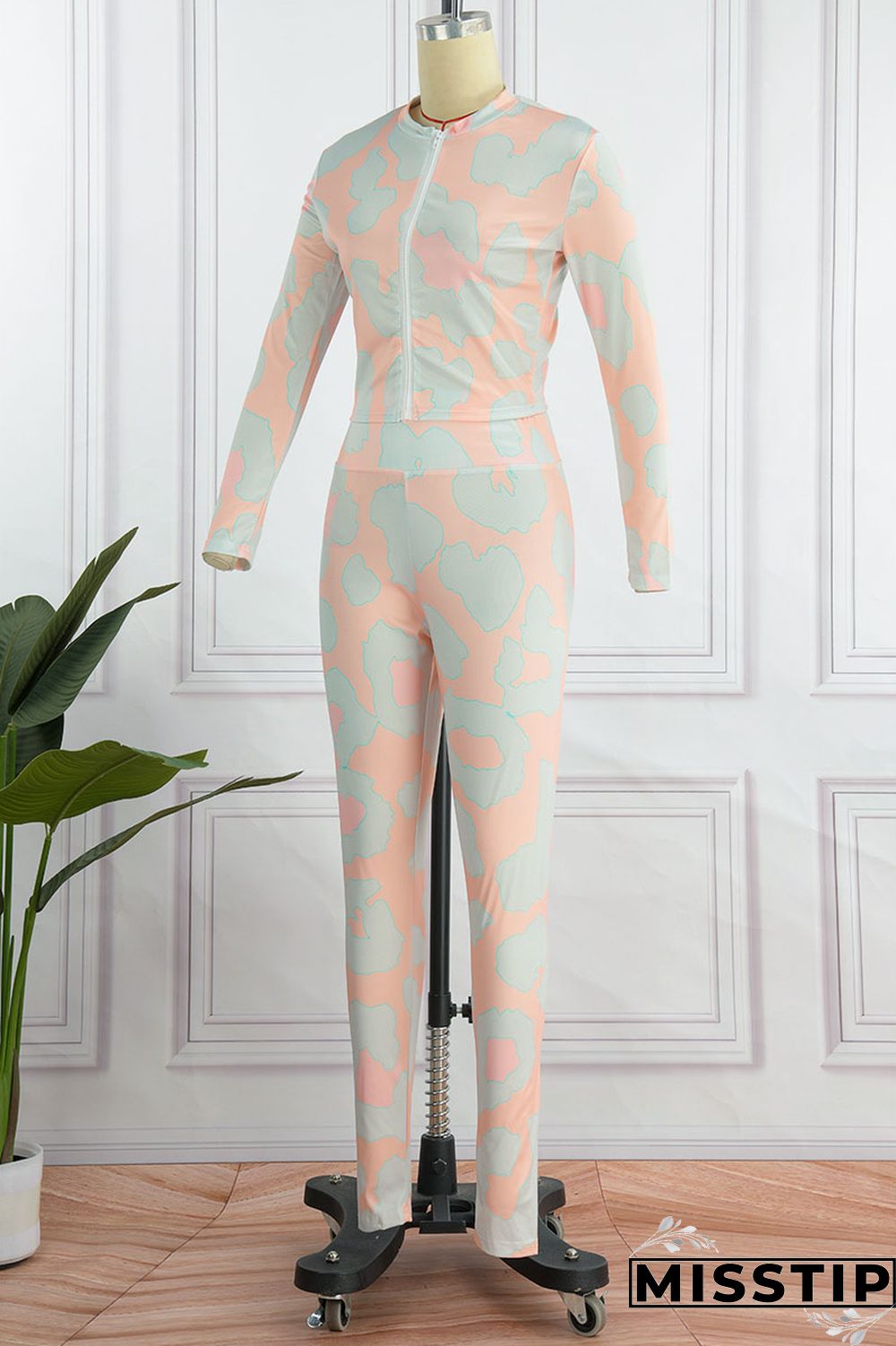 Yellow Pink Casual Print Patchwork Zipper Long Sleeve Two Pieces