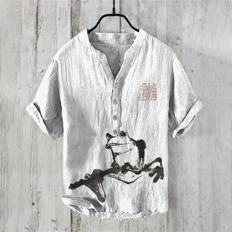 Men'S Funny Frog Japanese Art Linen V-Neck Shirt
