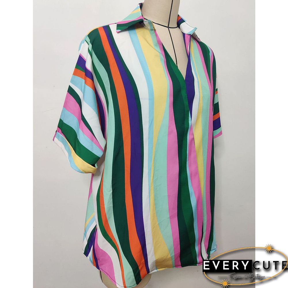 Green Striped Print Pullover Short Sleeve Shirt
