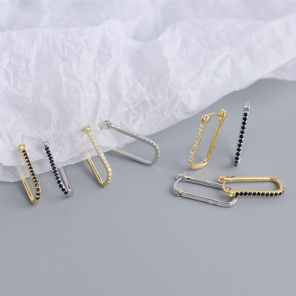 925 Sterling Silver Women Geometric Geometric Silver Diamond Inlay Stud Earrings