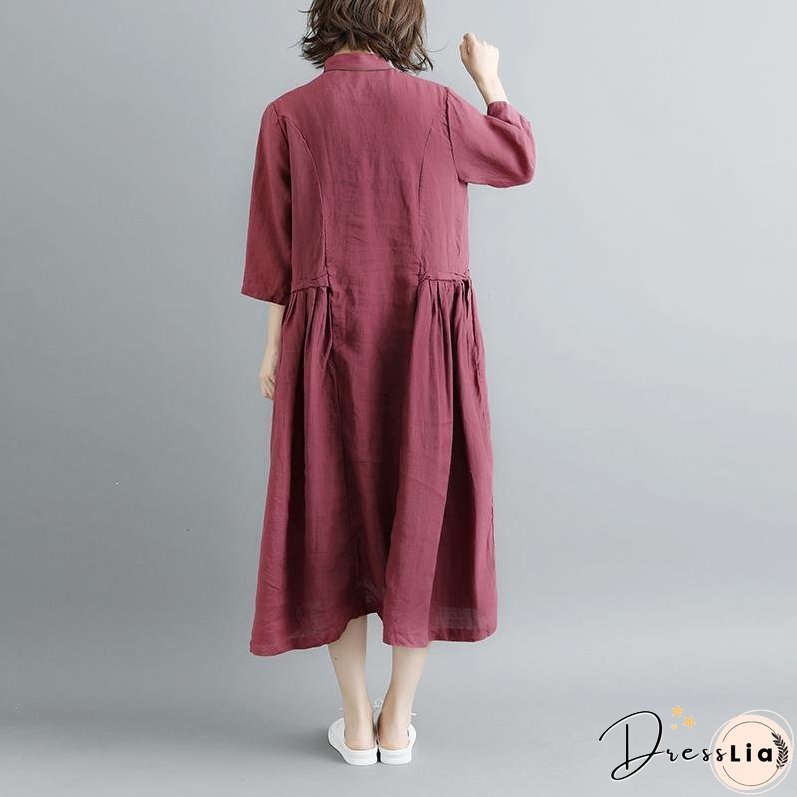 Summer Short Sleeve Buttons Pockets Purple Pleated Retro Dress