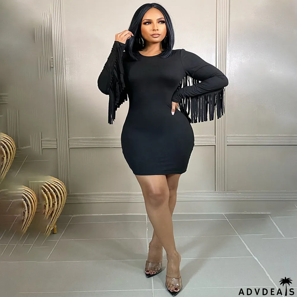 Plus Size Solid Tassel Long Sleeve Mini Dress