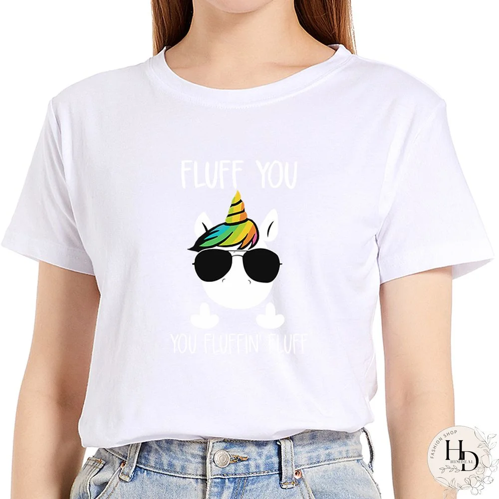 Women Casual Summer Regular Daily T-shirt Female Fashion Short Sleeve Sunglasses Unicorn Letter Print Ladies Round Neck Tee Tops