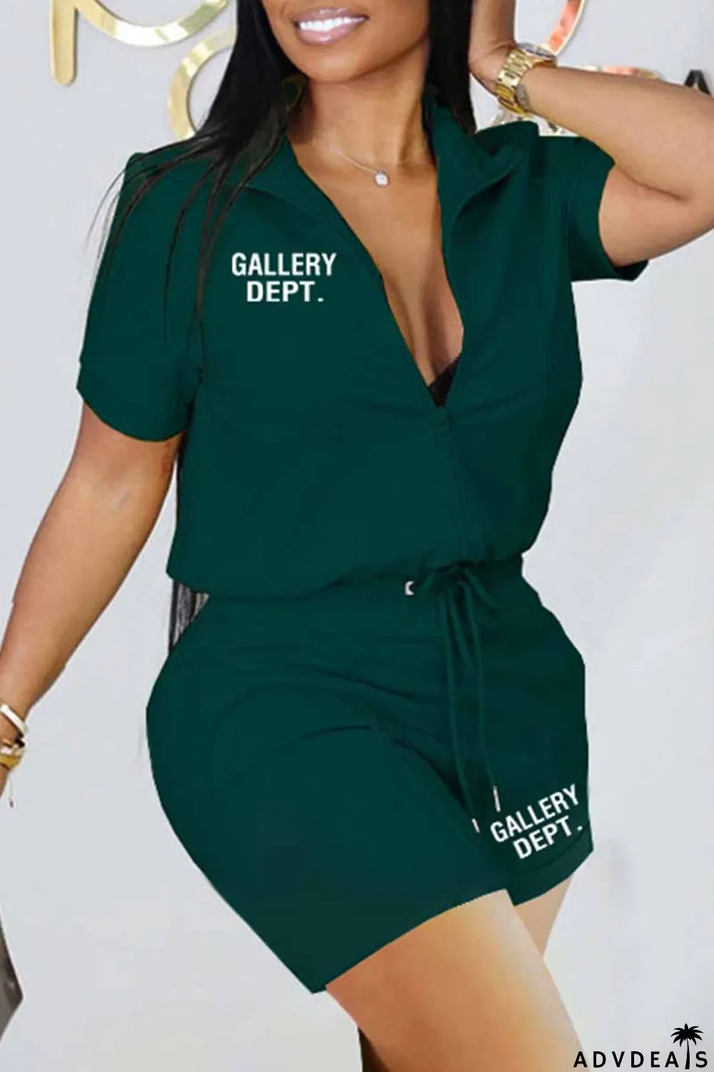 Black Casual Print Letter Zipper Collar Short Sleeve Two Pieces