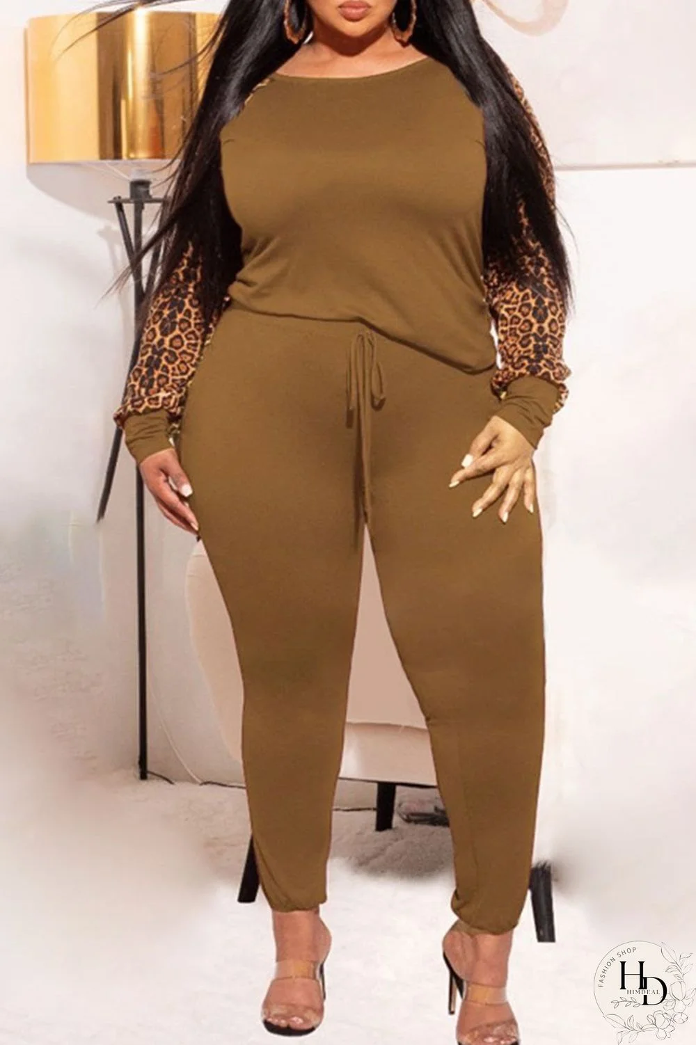 Black Casual Print Leopard Patchwork O Neck Plus Size Two Pieces