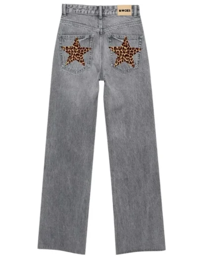 Costume Adult – Y2K New Jeans Womens Harajuku Retro Leopard Print Star Graphic Patch Trousers Gothic Slim High Waist Straight Light Blue Pants | Guraa