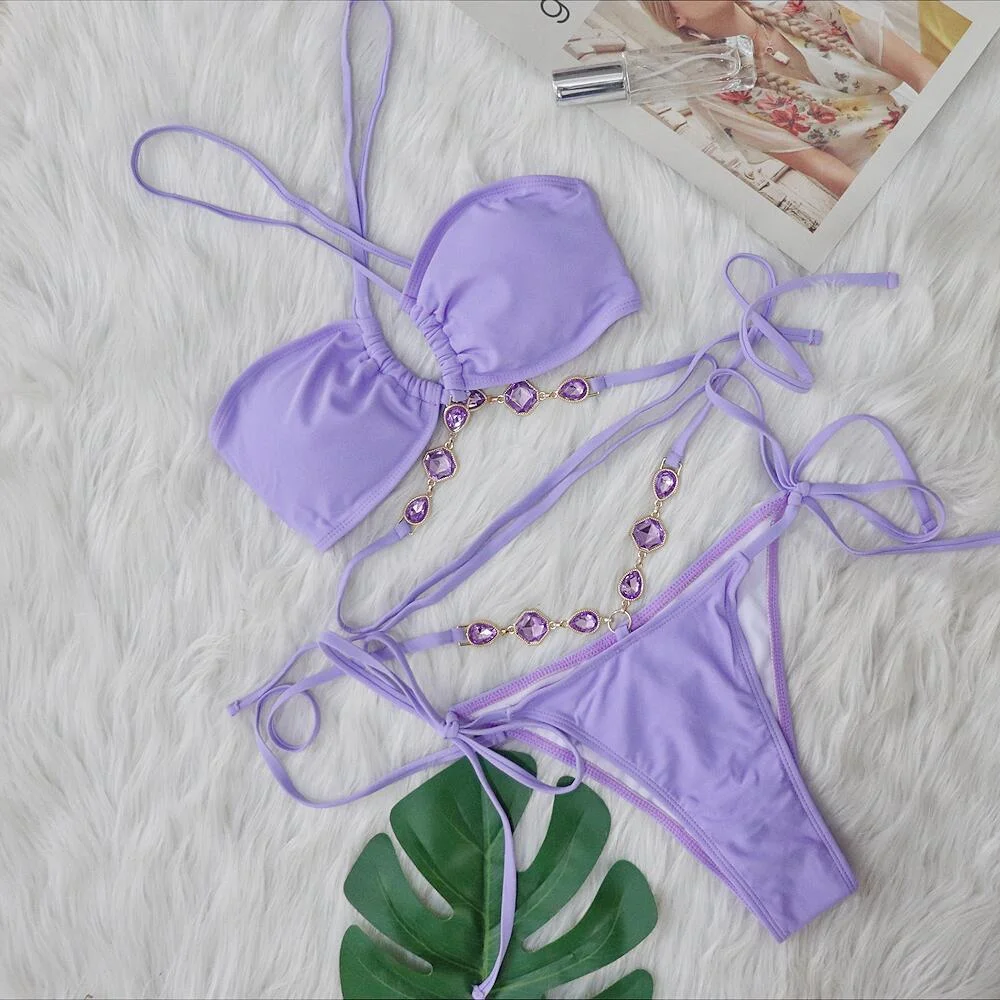 Uveng Uveng Crystal Diamond Bikini Hanging Neck Cross Strap Split Body Women's Swimsuit Beach Vacation Swimsuit New Style