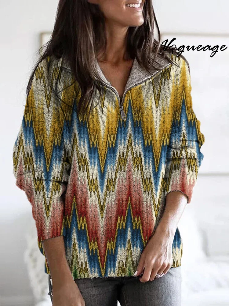 Unique Pixel Multi-Color Ripples Zippered Long-Sleeved Sweater