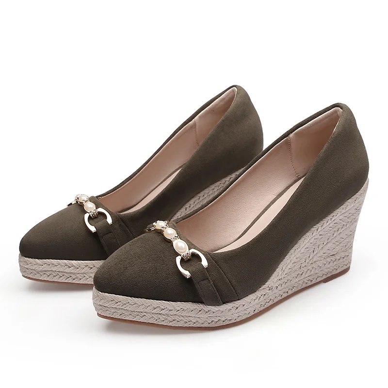Wongn Wongn And Autumn New Slope Heel Pointed Mouth Thick Bottom Suede Pearl Decoration Grass Hemp Rope High Heel Single Shoes Women