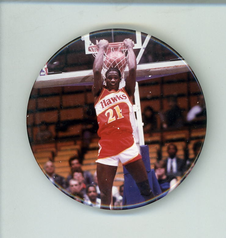 Dominique Wilkins dunking backwards circa 1985 Photo Poster painting Button Atlanta Hawks