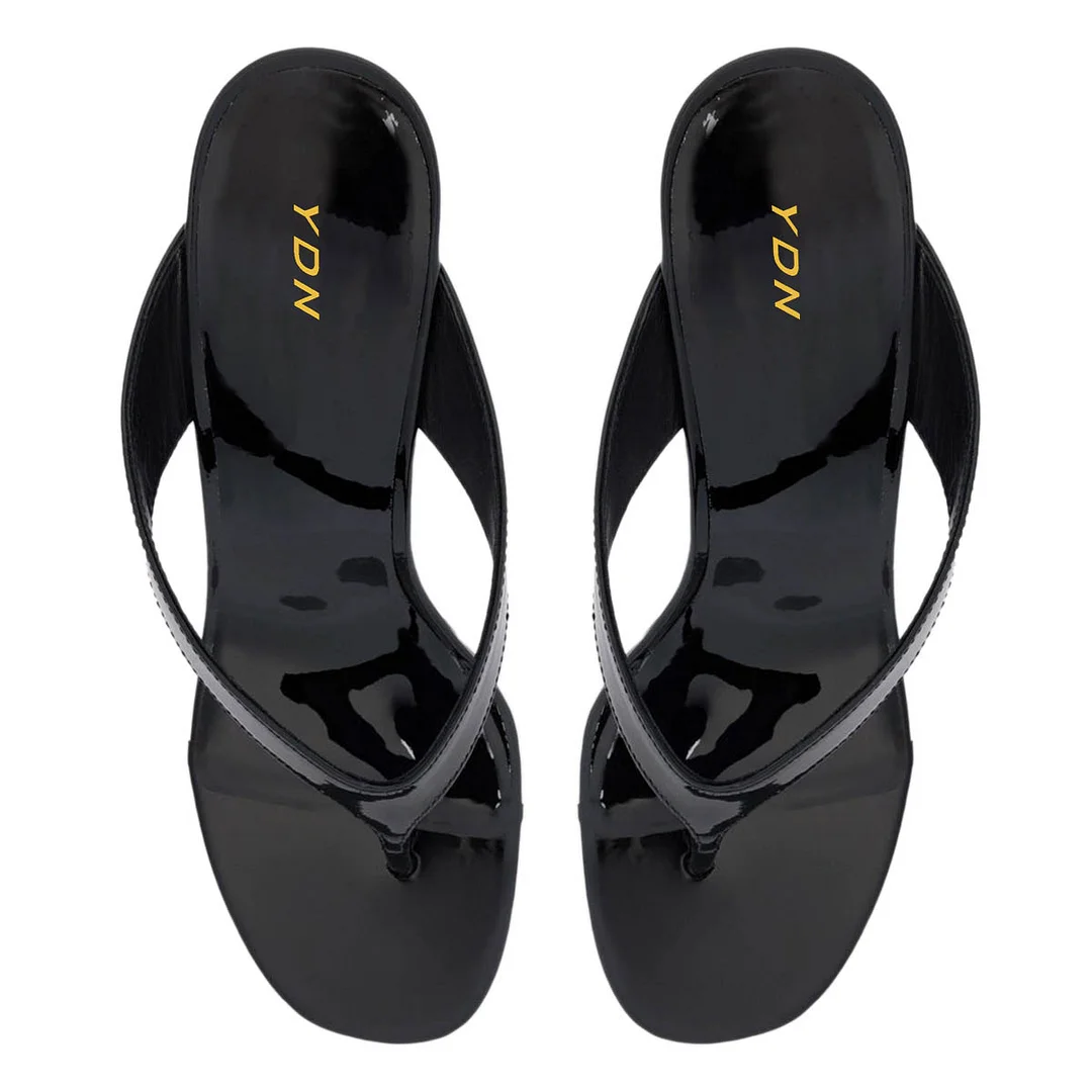 Black Patent Leather Open-Toe Wedge Heel Flip Flops for Women