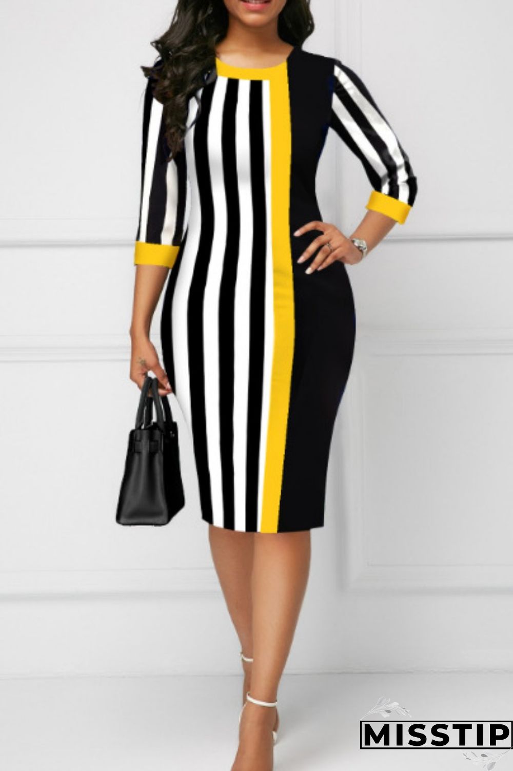 Black Casual Striped Print Patchwork O Neck Dresses