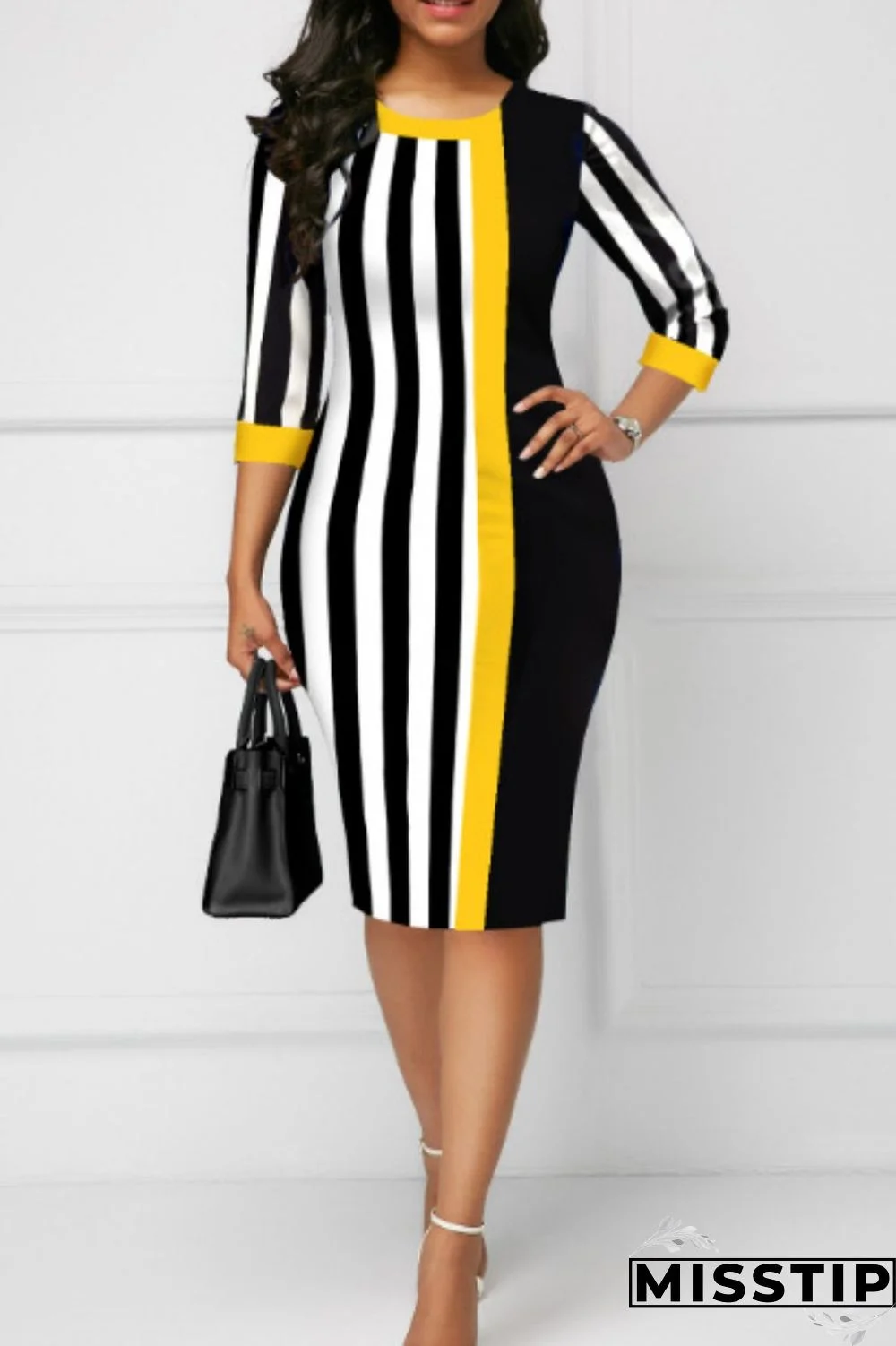 Black Casual Striped Print Patchwork O Neck Dresses
