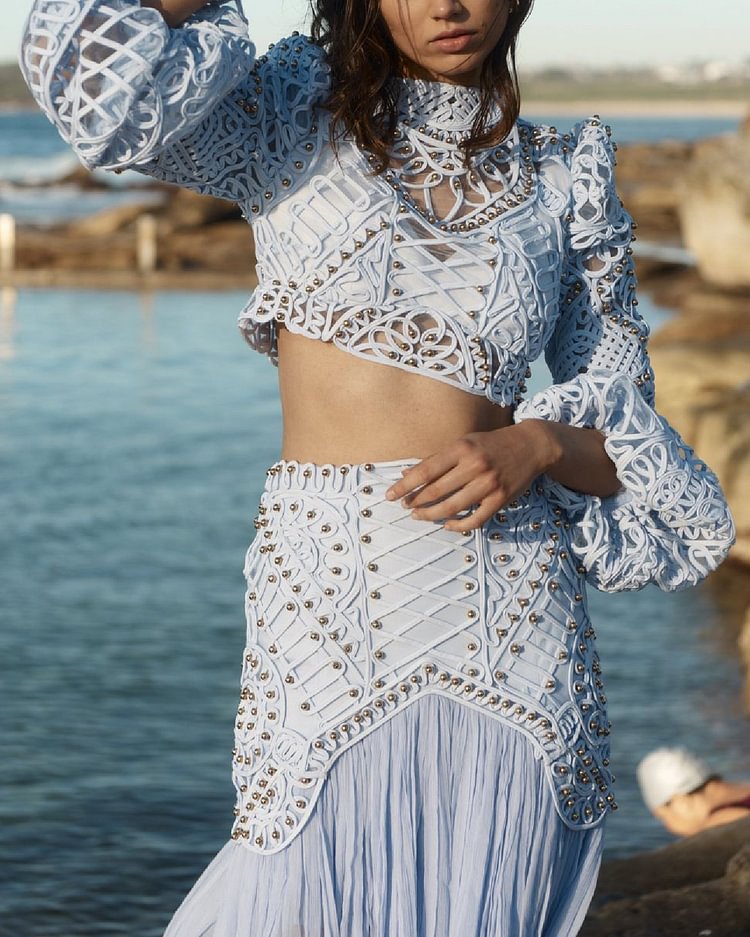 Casual Lace Hollow Shirt Long Dress Set