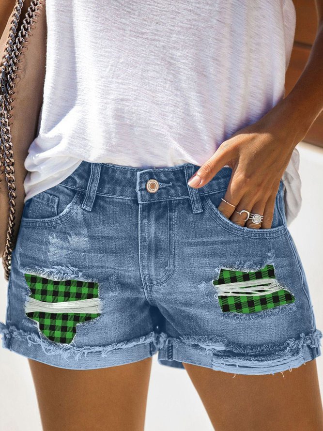 Casual Holiday Checked Zipper Jean Shorts B134- Fabulory