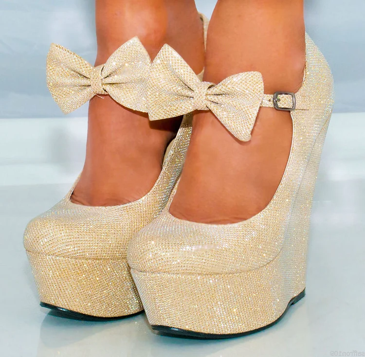 Beige Sparkly Closed Toe Wedges for Prom with Platform Vdcoo