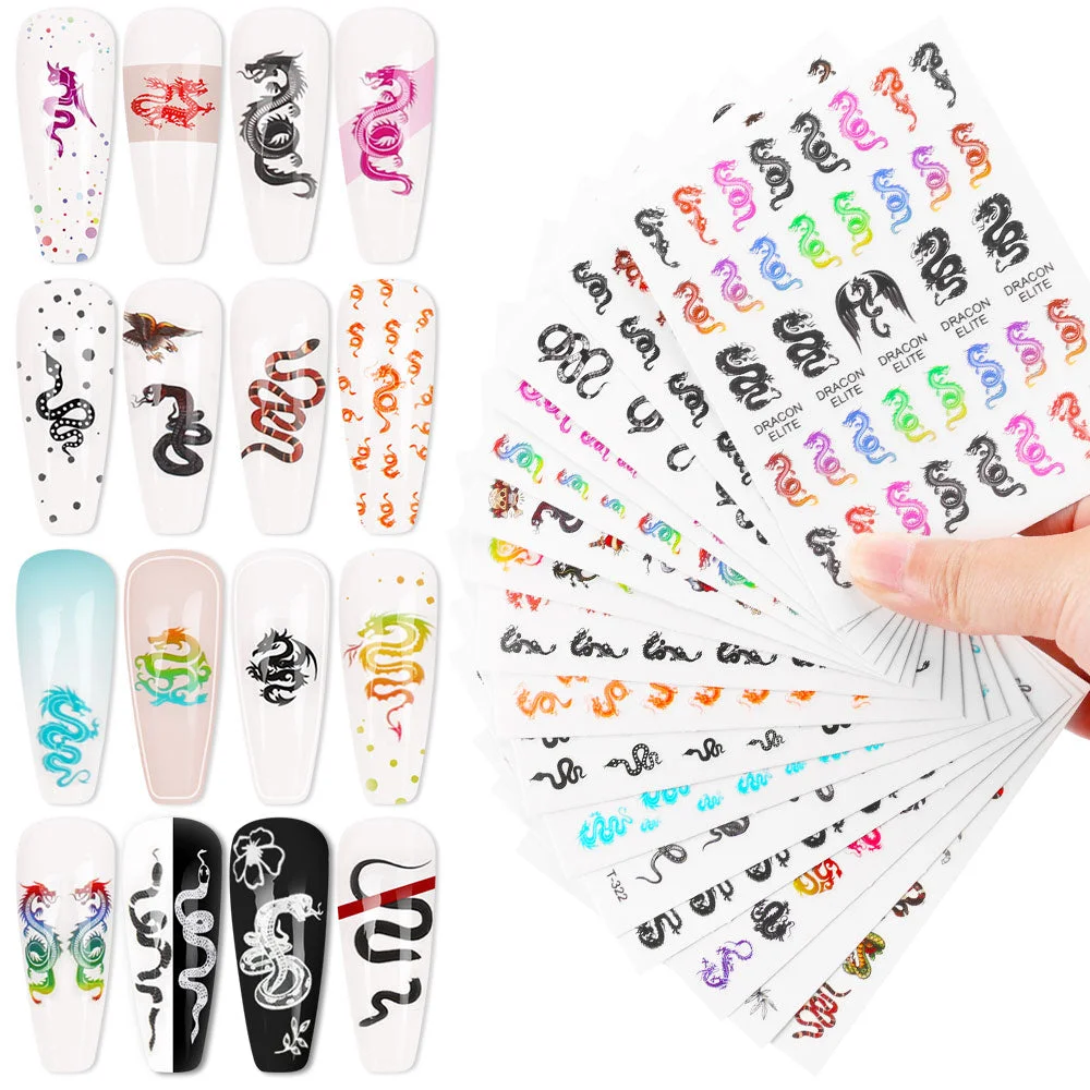 16sheets 3D Nail Stickers Decals Red Black Dragons Design Adhesive Stickers Nail Art Decoration Water Wraps Tool