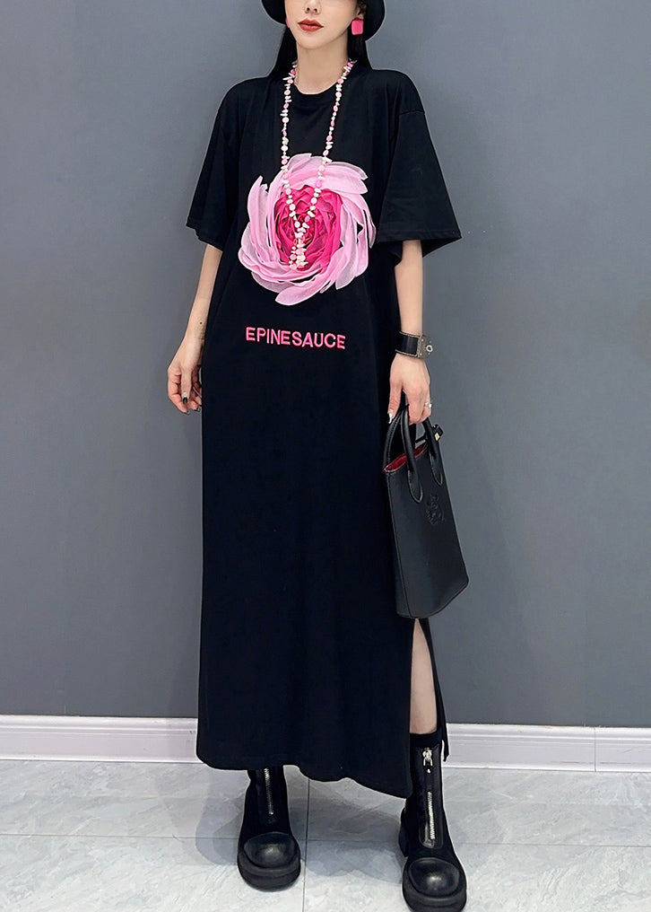 VCSHOES Loose Black O Neck Print Side Open Cotton T Shirt Dresses Summer