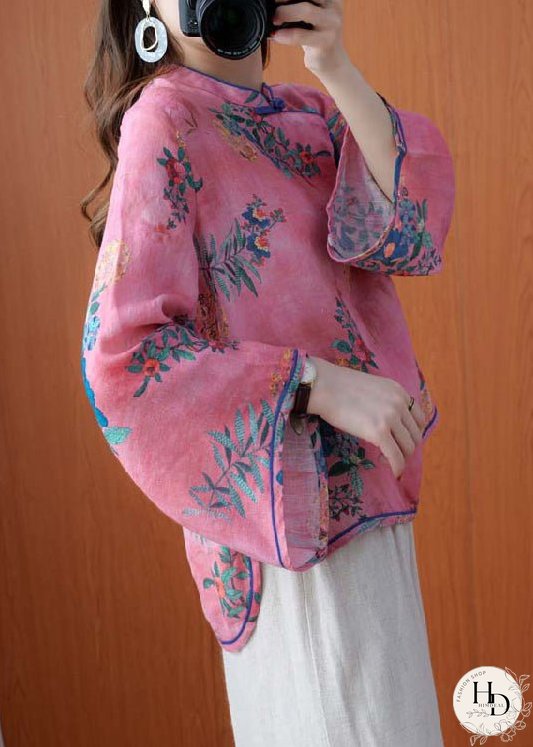 Vintage Pink Stand Collar Button Print Linen Shirt Top Long Sleeve