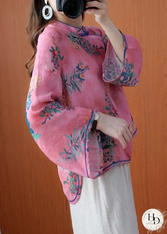 Vintage Pink Stand Collar Button Print Linen Shirt Top Long Sleeve