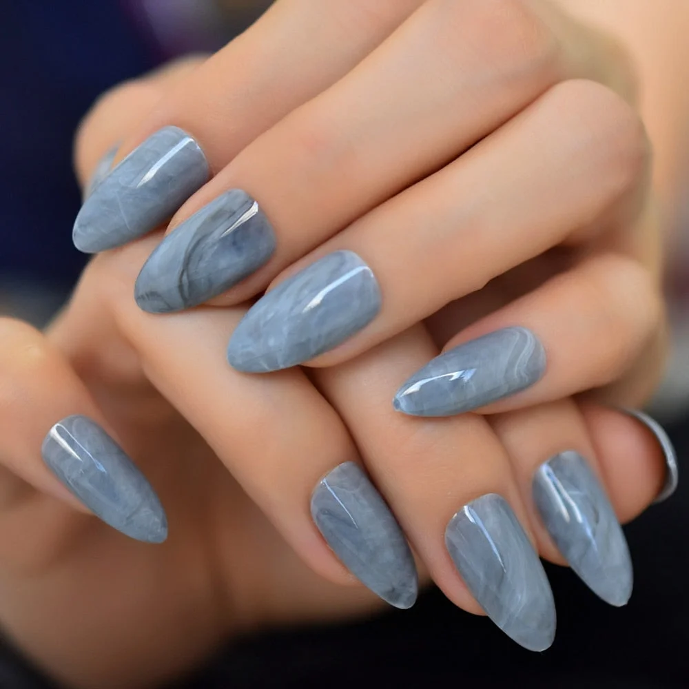 Extra long Stiletto Grey Marble Fake Nails Stone Pattern Pointed Dark Shiny Long Press On False Nails for Finger 24 Count-Nail Inspo
