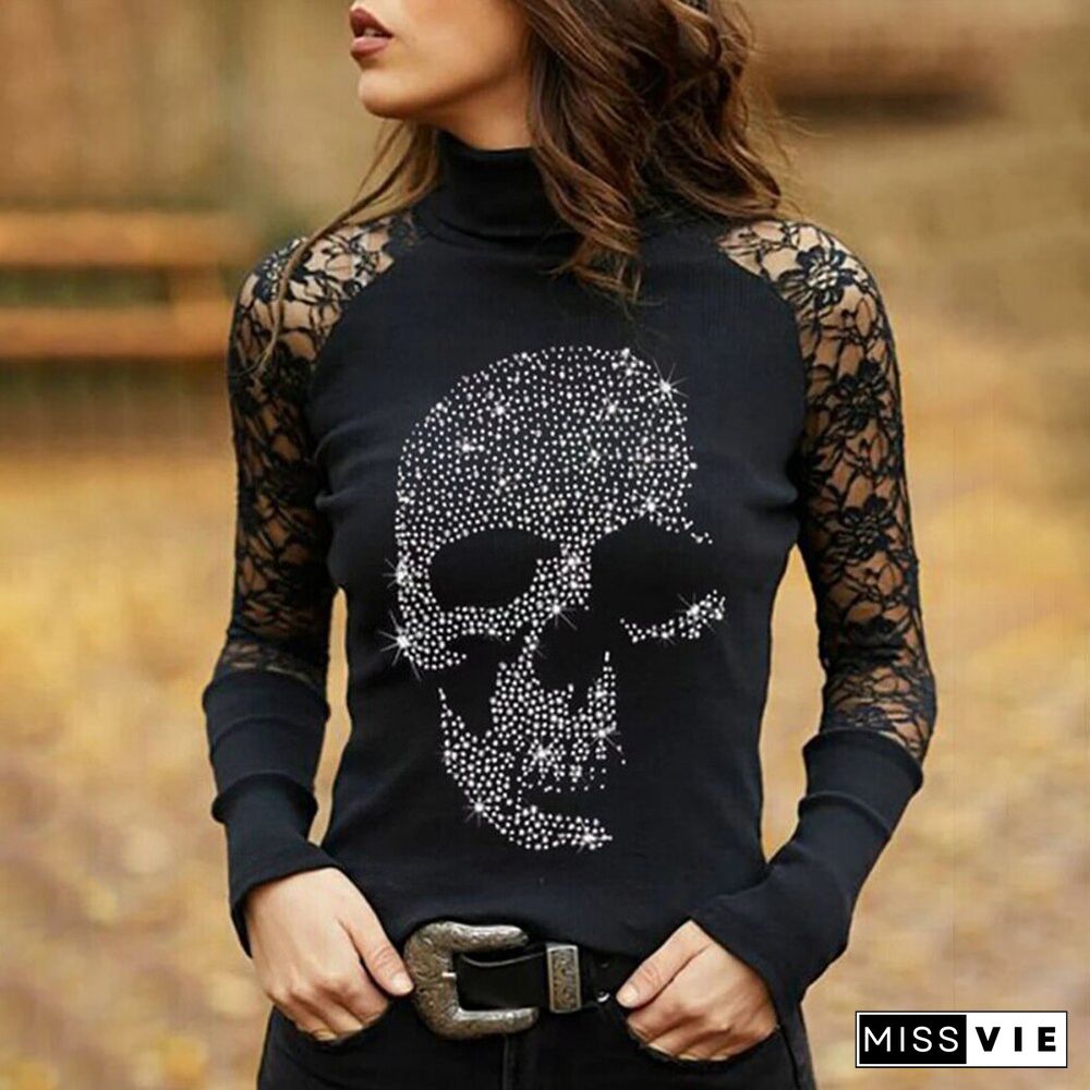 Women Turtleneck Lace Patchwork Long Sleeve Shirts Spring Autumn Ladies Casual Sexy Tops Black Y2k Skull Print Streetwear