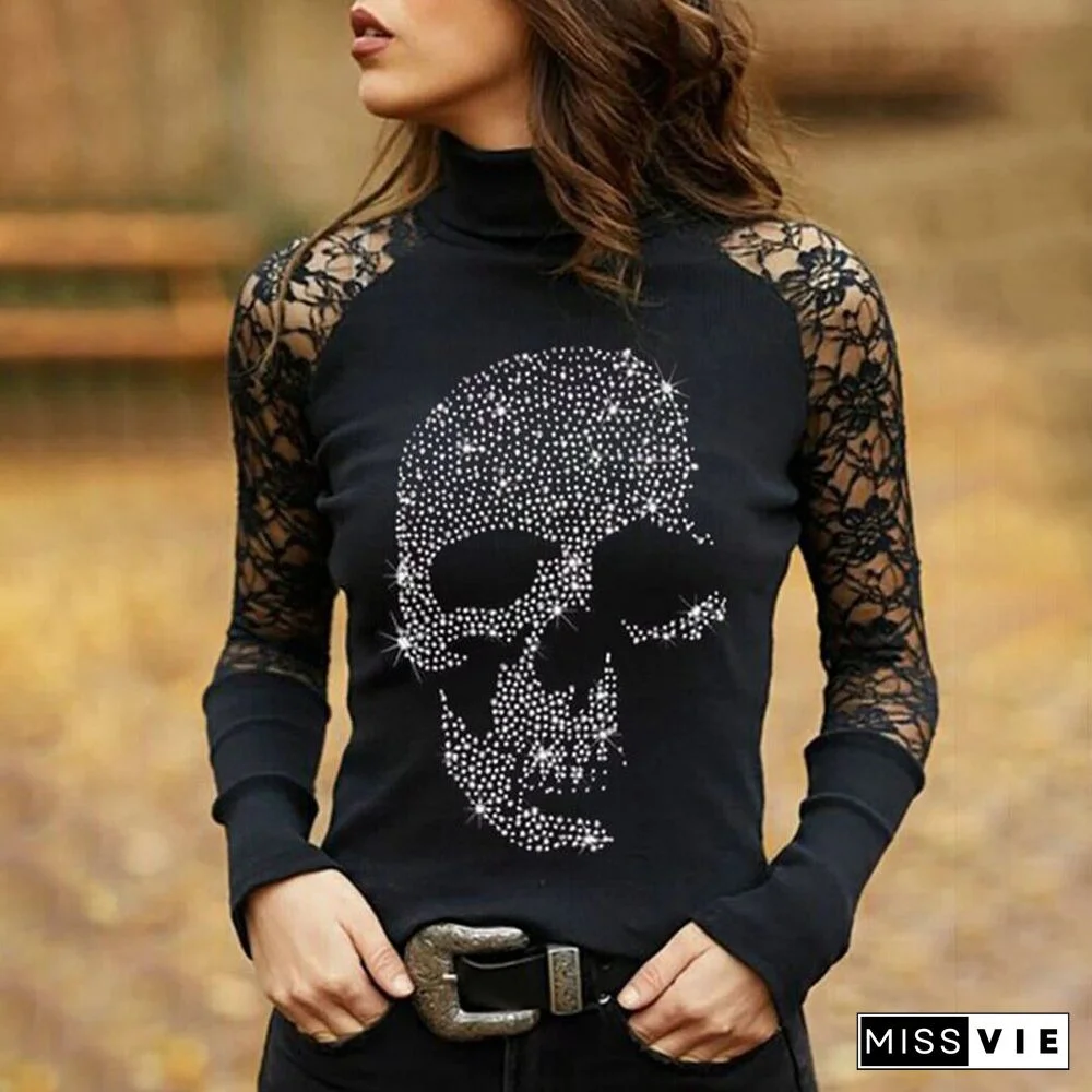 Women Turtleneck Lace Patchwork Long Sleeve Shirts Spring Autumn Ladies Casual Sexy Tops Black Y2k Skull Print Streetwear