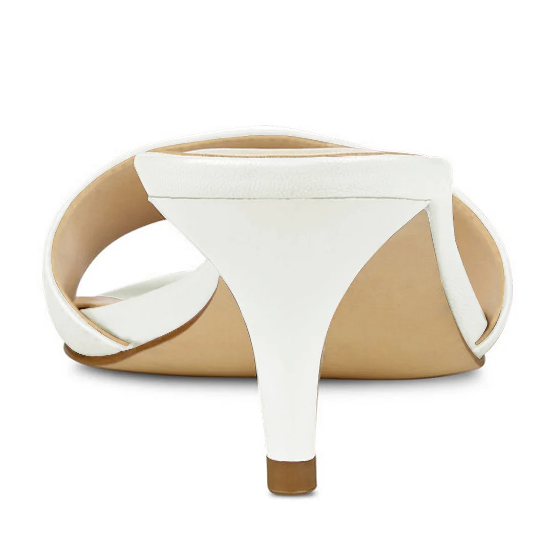 Vegan Leather Round Toe Wide-Band Kitten Heel Slip-On Mules in Ivory 