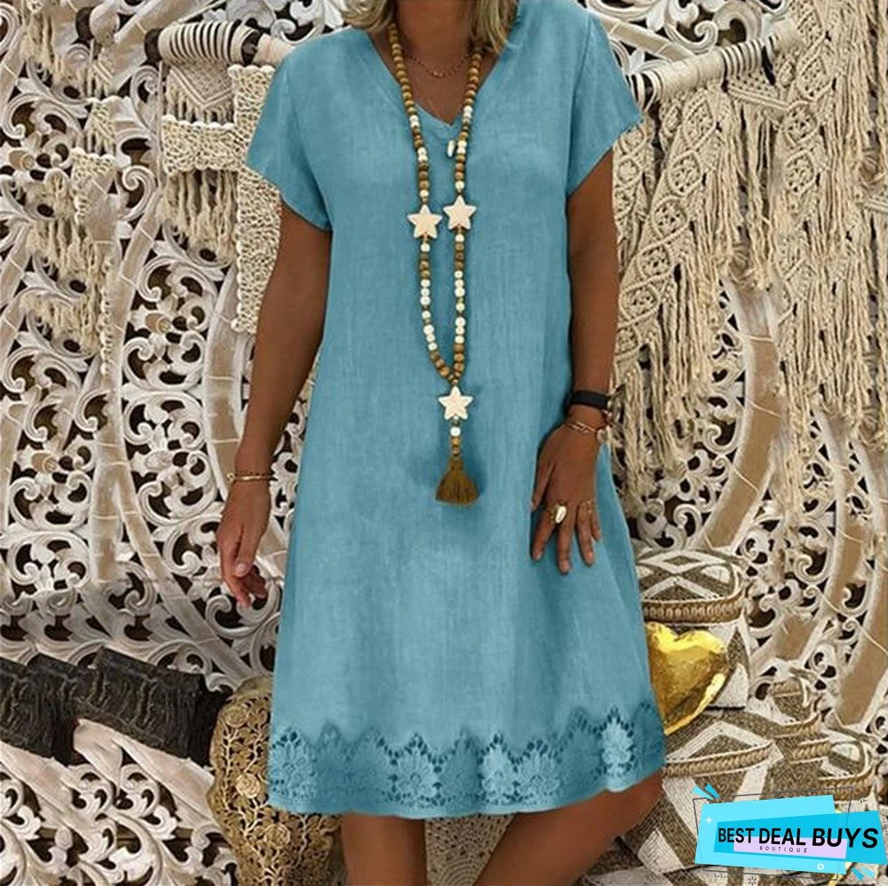 Women's Large Size Dresses V-neck Short-sleeved Loose Dresses