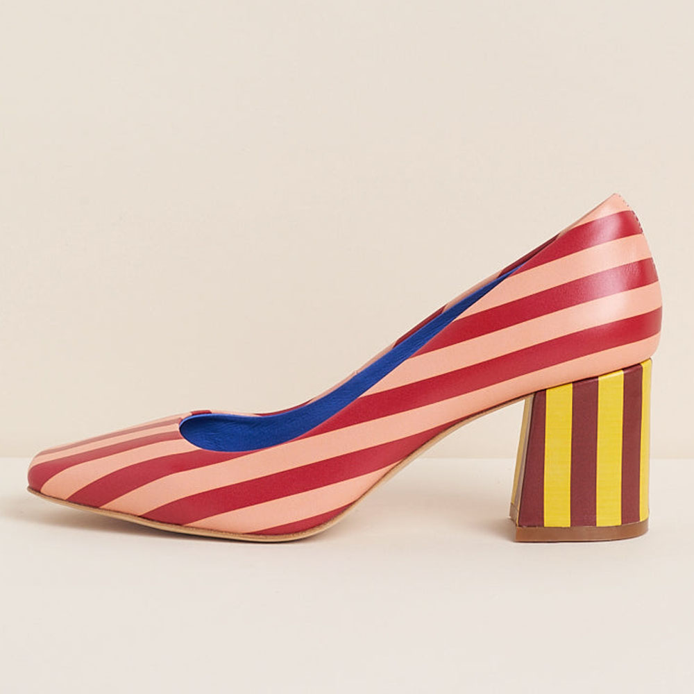 Colorful Vegan Leather Square Toe Block Heel Stripe Pumps for Party Nicepairs