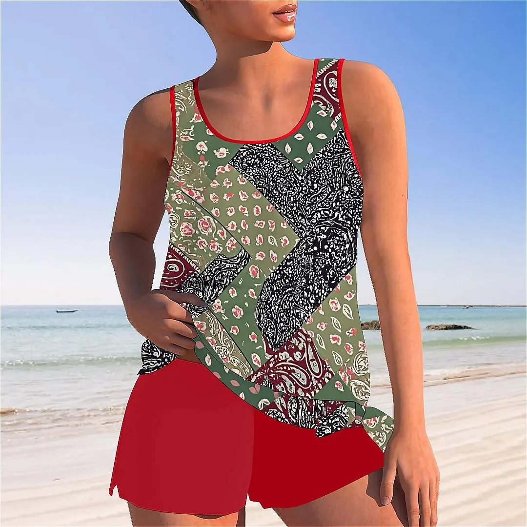Bowknot Floral,Splicing Mid Waisted Tankini Set - Plus Size Available