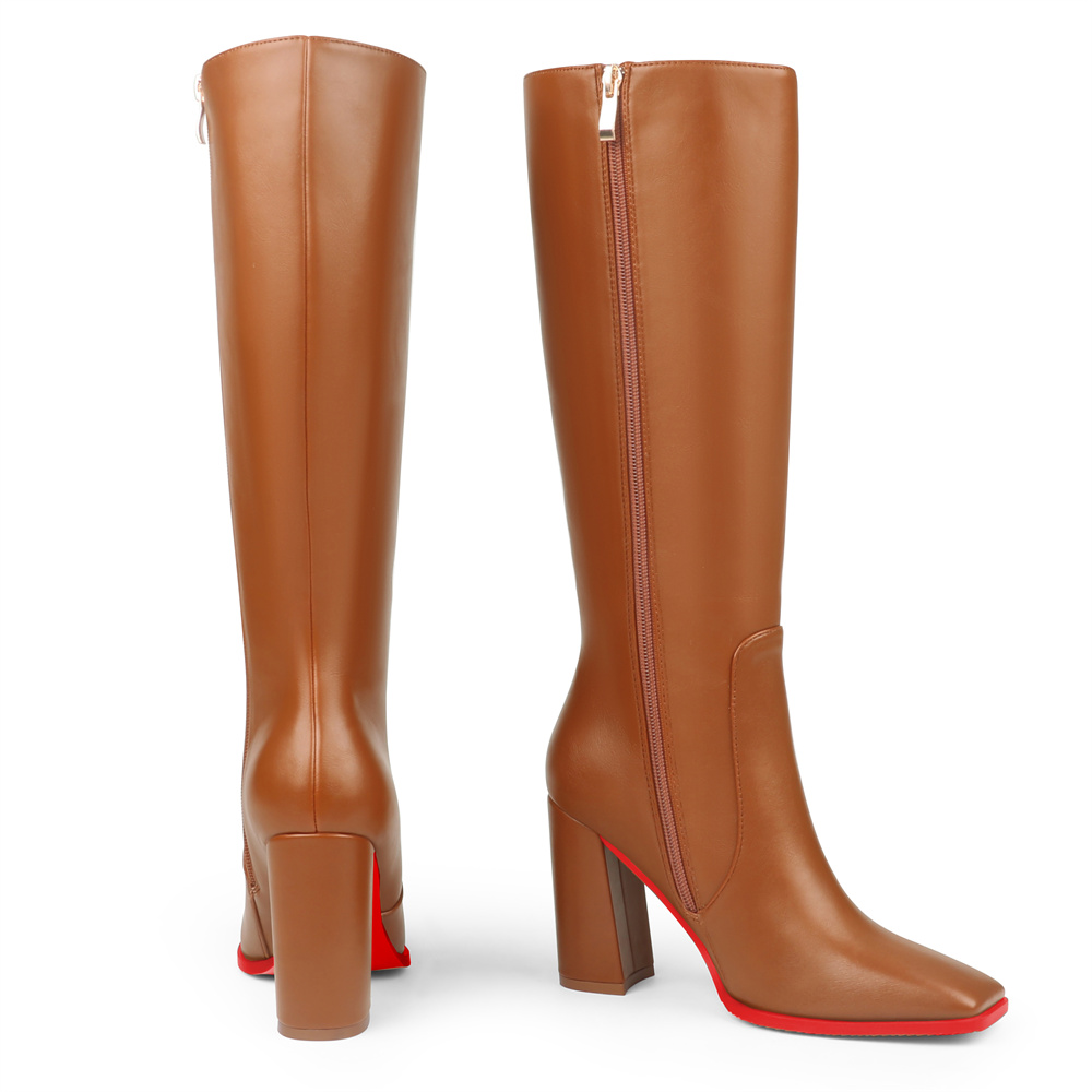 95mm Women's Knee Boots Red Bottom Block Chunky Heels Zipper Fashion Sexy Daily Matte Boot-MERUMOTE
