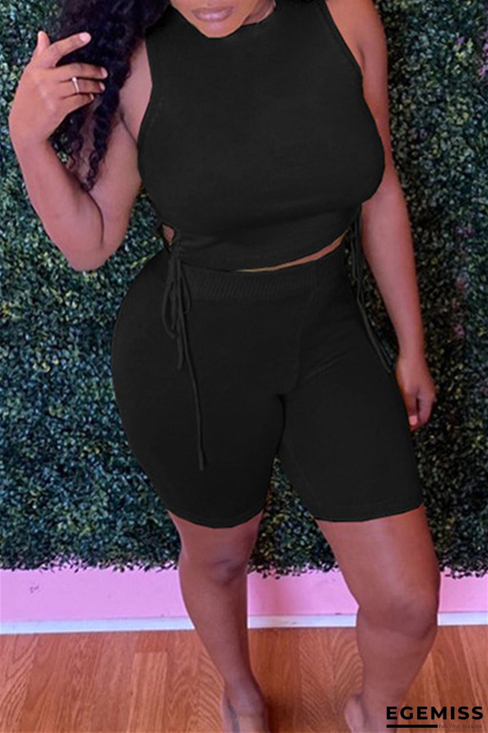 Black Sexy Casual Solid Backless Strap Design O Neck Sleeveless Two Pieces | EGEMISS