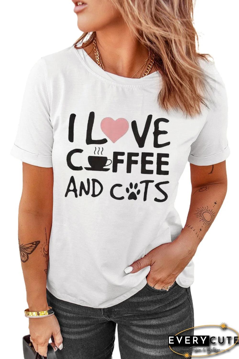 White I LOVE COFFEE AND CATS Short Sleeve Graphic Tee