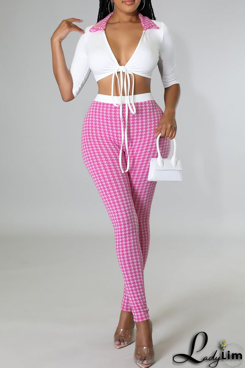 Black Sexy Print Bandage Split Joint V Neck Half Sleeve Two Pieces