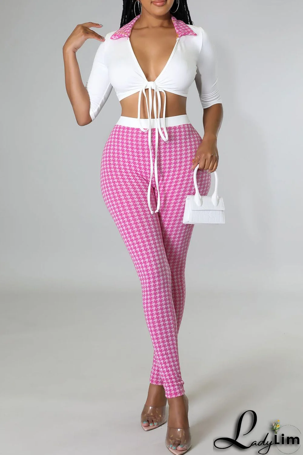 Black Sexy Print Bandage Split Joint V Neck Half Sleeve Two Pieces