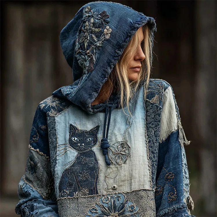Vintage Cat Boho Floral Embroidered Patchwork Hoodie