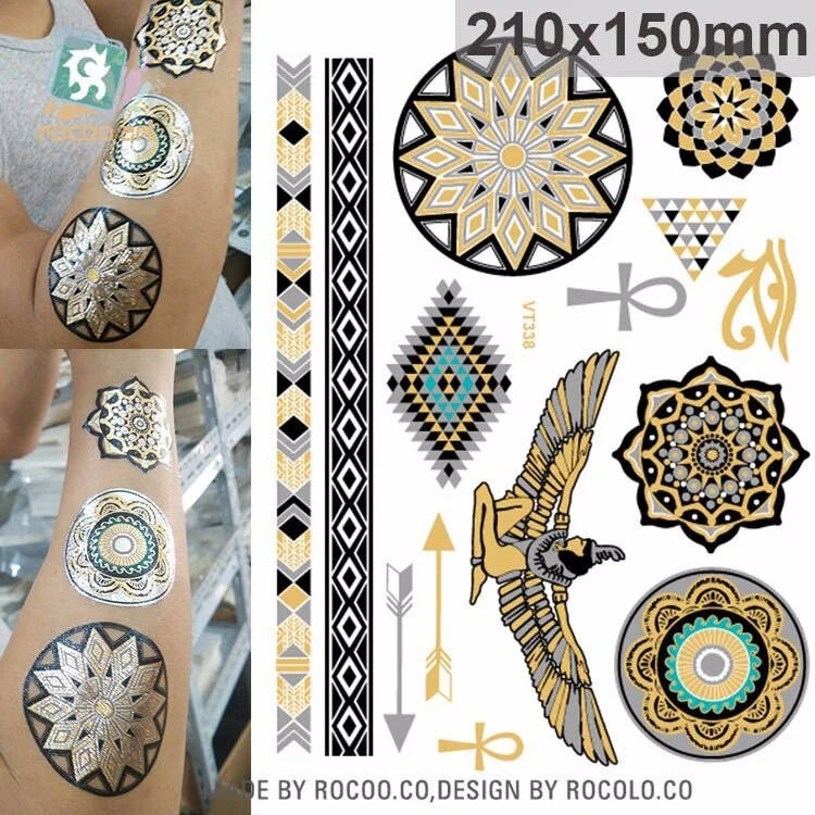 WaWaterproof Temporary Tattoo Sticker ancient Egypt Pharaoh Abinus metallic gold golden tatto flash tatoo fake tattoos