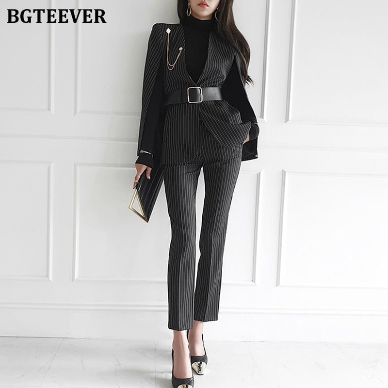 BGTEEVER Stylish Women Blazer Set Belted Cloak Jacket & Suit Pants Elegant Female Striped Pant Suit Ladies 2 Pieces Set 2020