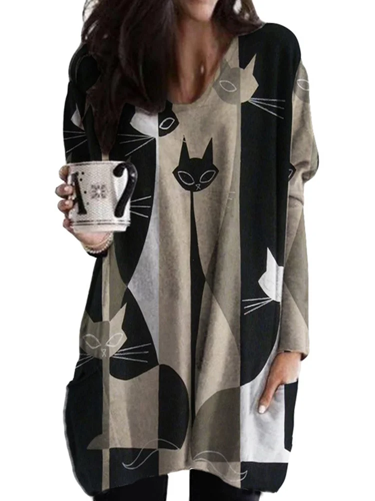 Lovely Black Cat Printed Long-Sleeve Tunic