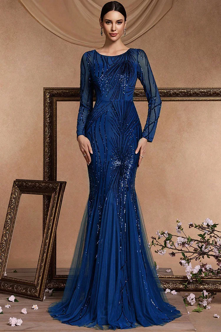 Crew Neck Long Sleeve Sequin Mermaid Maxi Dress-Royal Blue