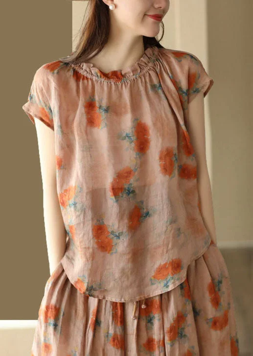 Organic Orange Ruffled Print Patchwork Linen T Shirt Top Summer