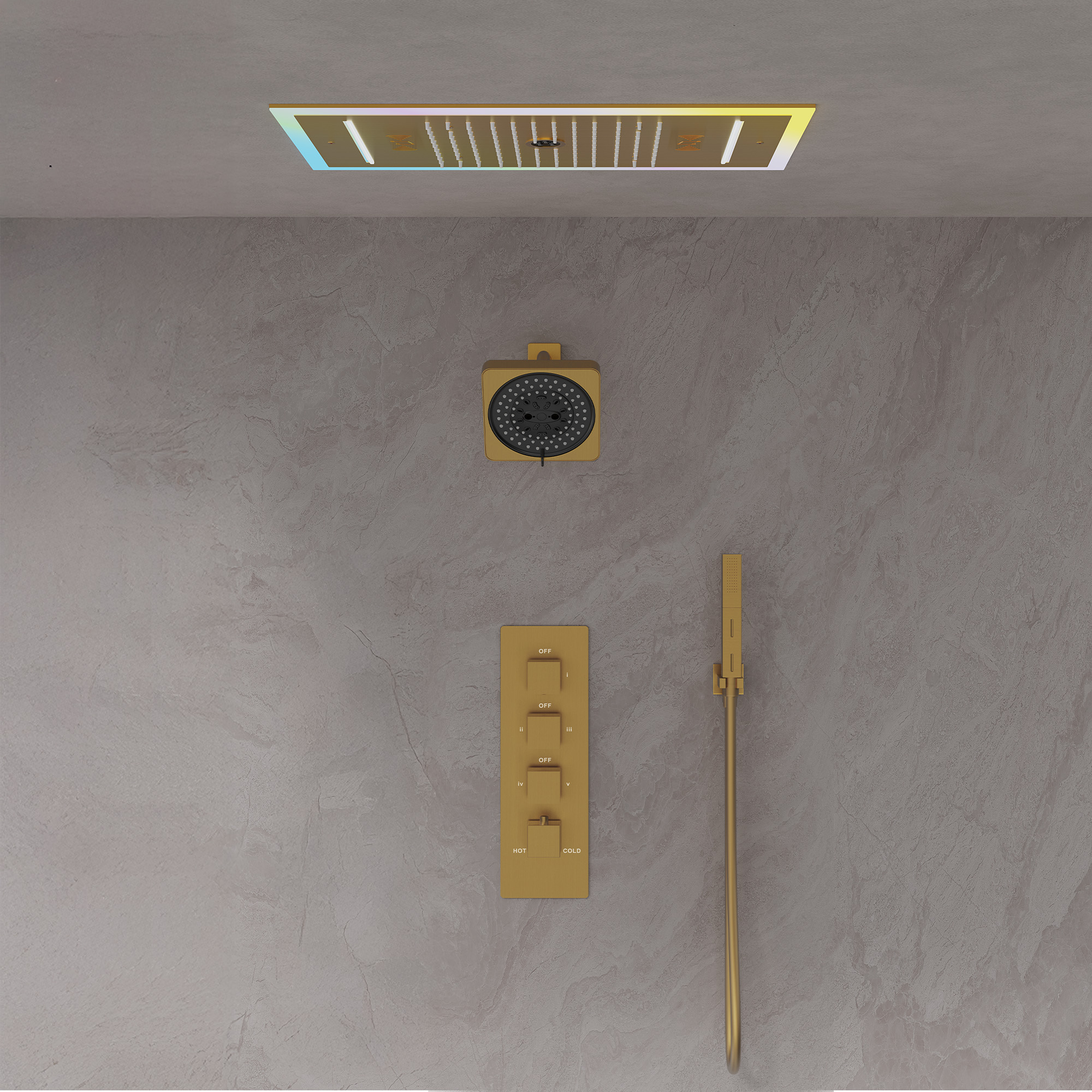 25 in. 3-Spray Ceiling Mount Thermostatic LED Music Dual Fixed and Handheld Shower Head 2.5 GPM in Brushed Gold